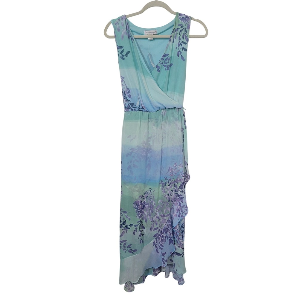 Christopher & Banks Size L Maxi Dress Womens Floral Ruffle High Low Blue Green